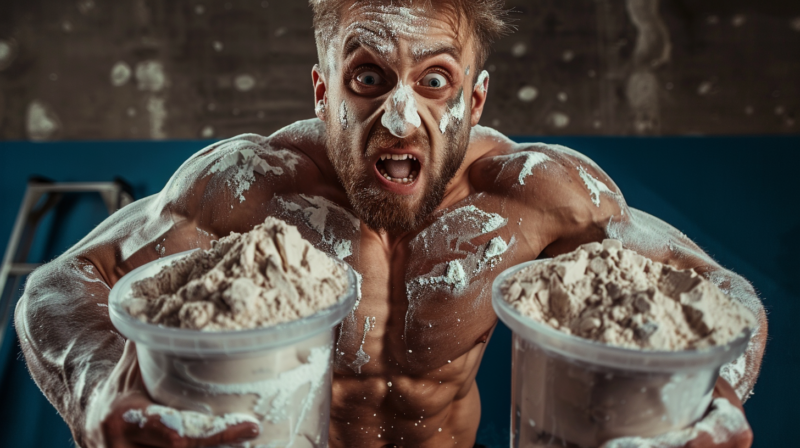 A bodybuilder covered in protein powder.